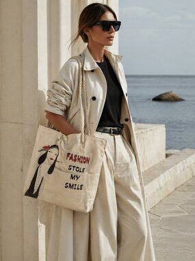 Fashion Icon Canvas Tote Bag - Custom Handmade Graphic - Coastal Chic NWT